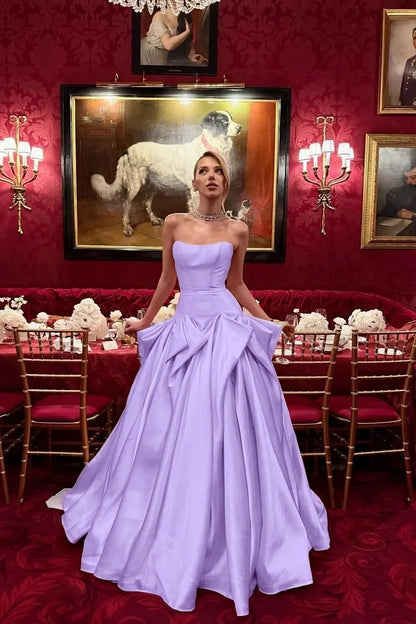 Glamorous Satin Strapless Sleeveless Fitted Waist Long A-Line Evening Dress