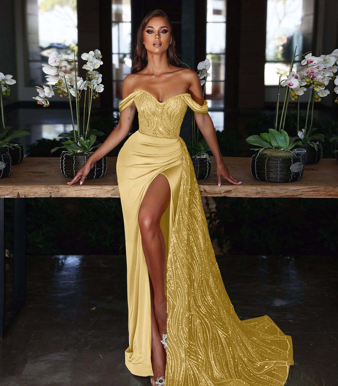 Ligth Blue Off-the-shoulder Mermaid Evening Dress Long Slit with Sequins Ruffles
