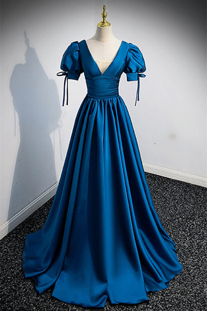 Simple Low V-Neck Short Sleeves Satin A-Line Party Prom Dress