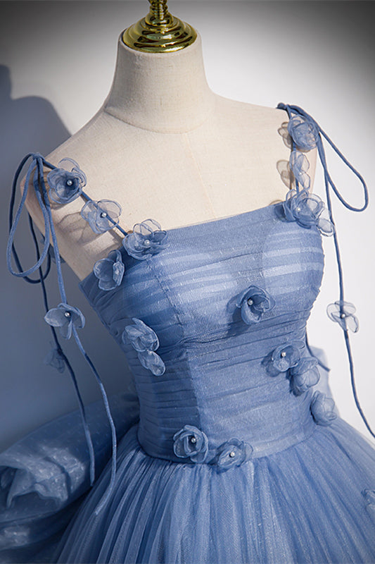 Tulle A-Line Tie Straps Prom Party Dress With Florals And Bow