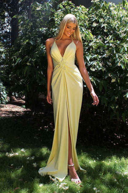 Yellow Sleeveless Spaghetti Straps V-Neck Prom Dress With Beads