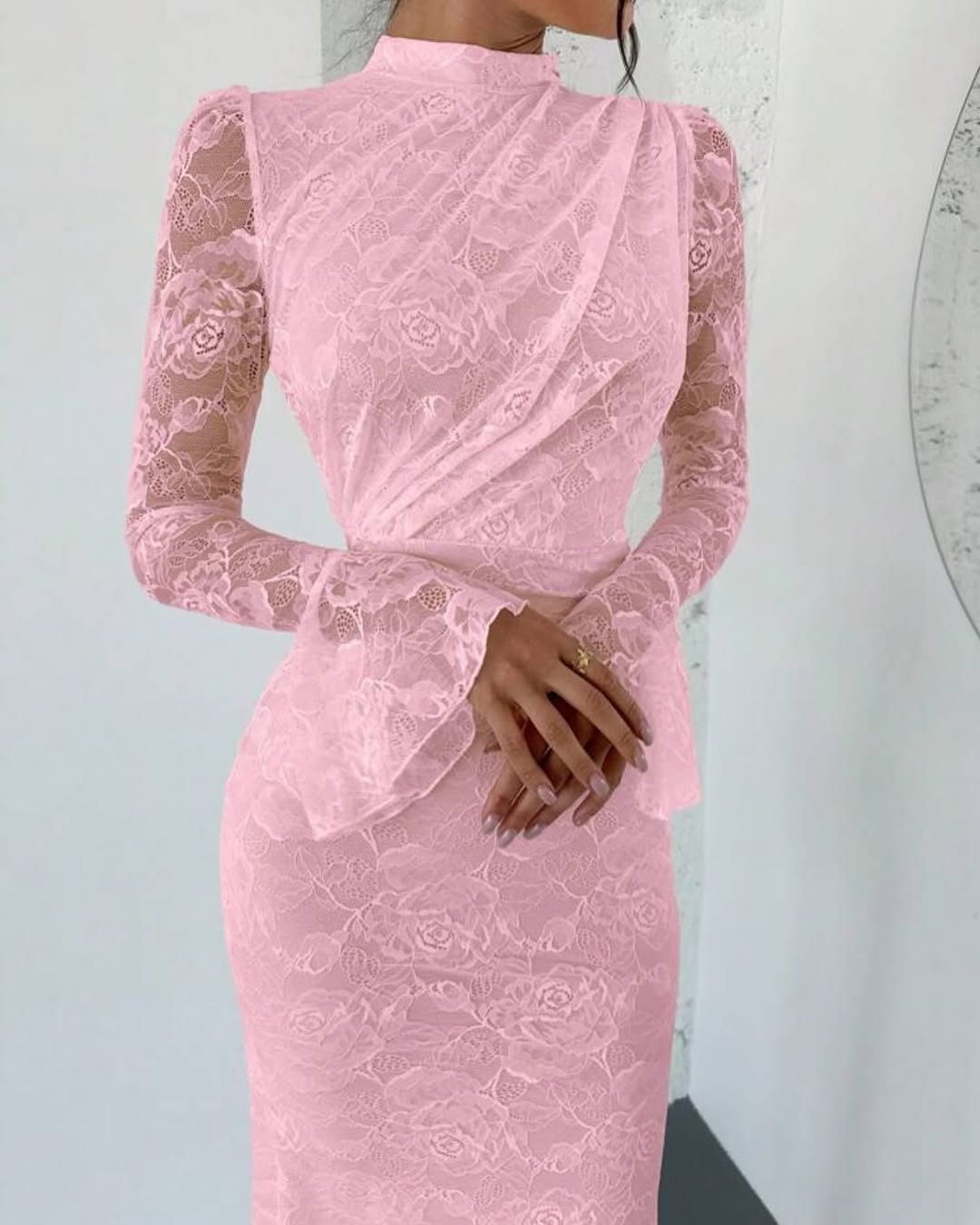 Glamorous Pink Lace Floral Half High Neck Long Sleeves Slim Prom Dress