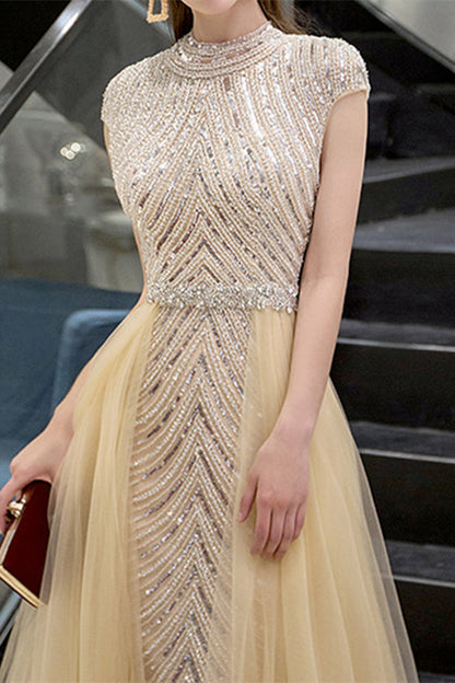 Yellow Sequins Beadings Evening Dress With long Ruffles High Collar Cap Sleeves