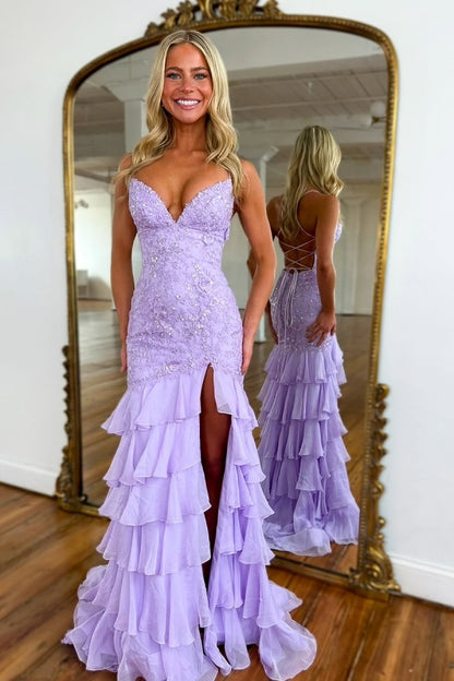 Purple Strapless V-Neck Long Prom Dress Slit with Sequins