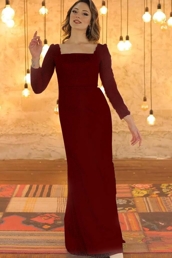 Luxurious Long Sleeves Square Long Evening Dress With Beading