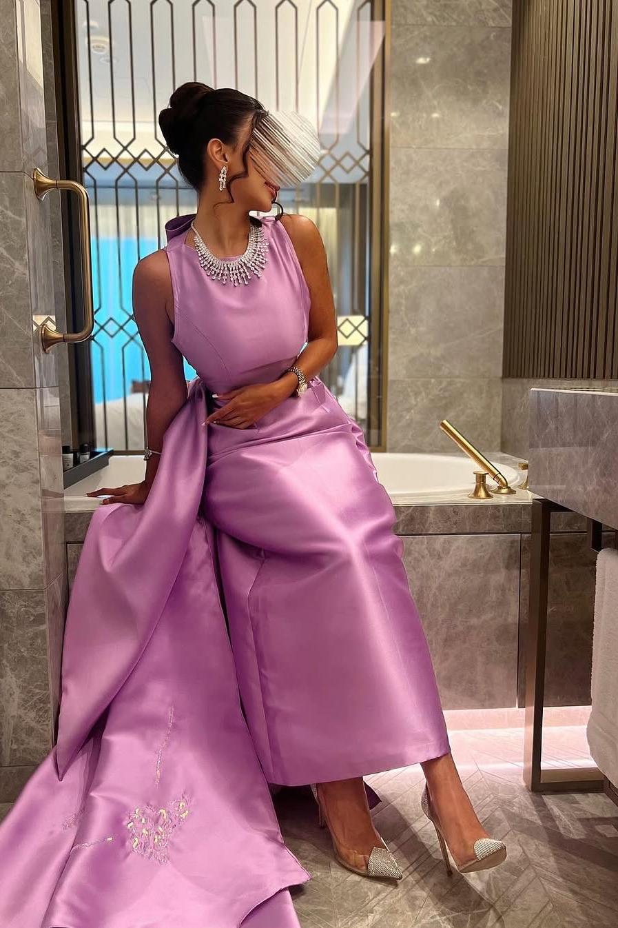 Gorgeous Purple Satin Sleeveless Jewel Neck Long Bow Prom Dress with Train