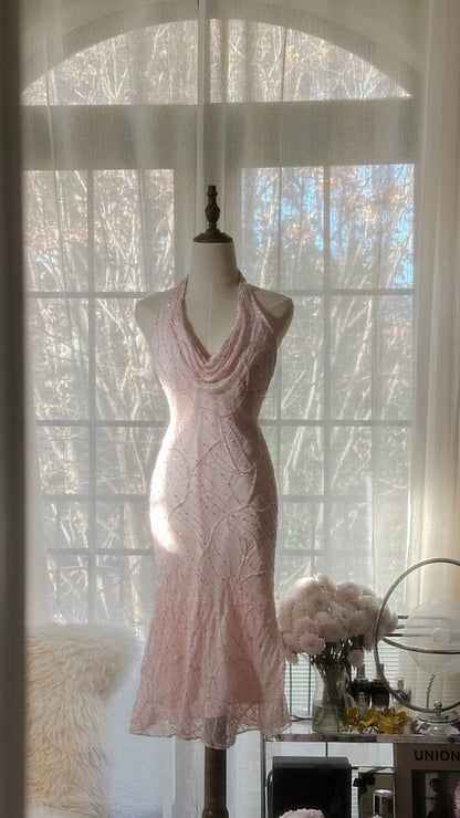 Cute Mermaid Halter Beaded Light Pink Chiffon Short Party Dress Evening Dress SH2782