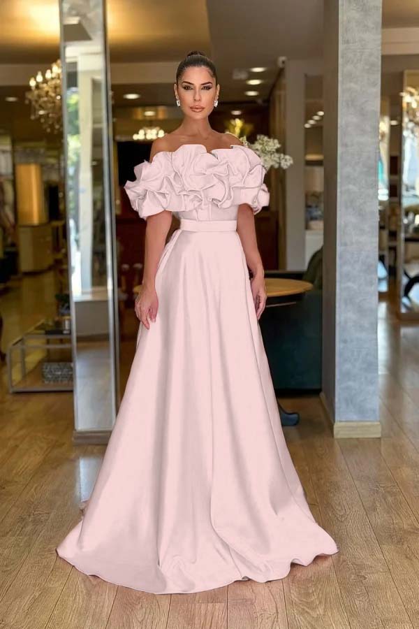 Lovely Pink Off-The-Shoulder Prom Dress With Handmade Flower