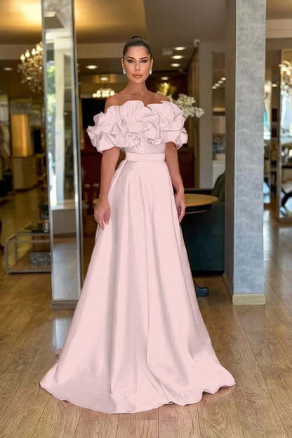 Lovely Pink Off-The-Shoulder Prom Dress With Handmade Flower
