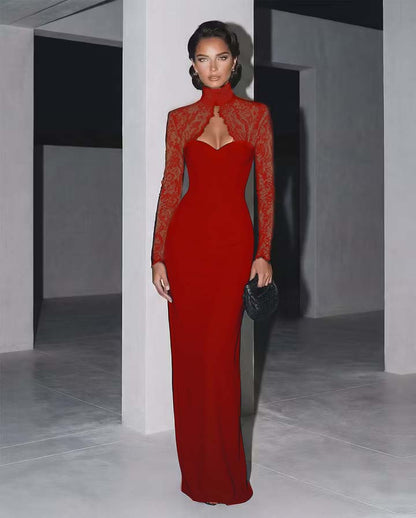 Classic Black High Neck Lace Long Sleeves Maxi Evening Dress
