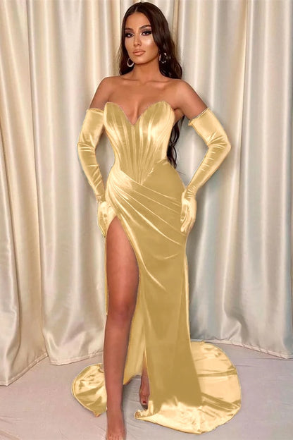 Mermaid V-Neck Evening Dress With Gloves Front Split Dark Green