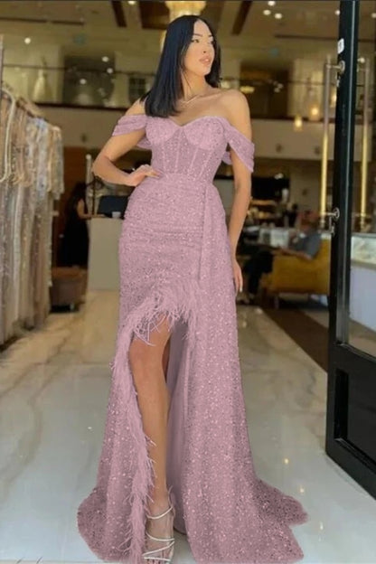 Sweetheart Long Mermaid Evening Dress With Feathers