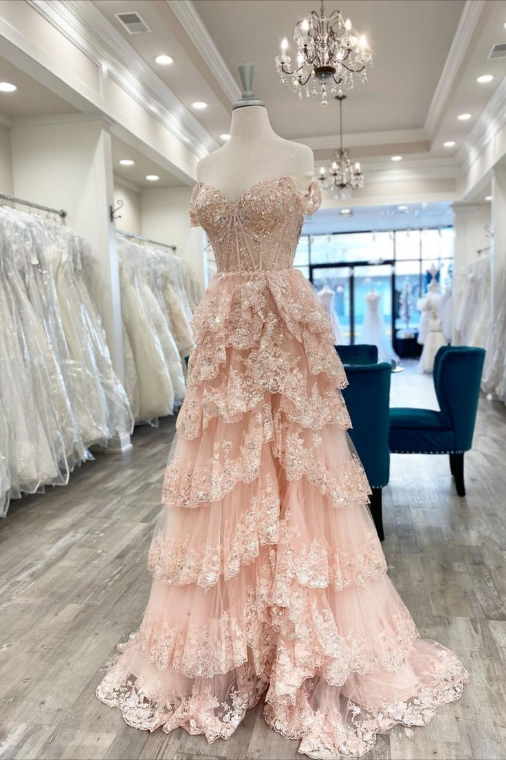 Hot Pink Off-Shoulder Sequined Layers A-line Long Prom Dress with Slit