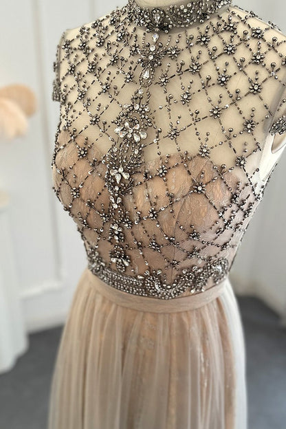Champagne Jewel Neck A Line Prom Dress Tulle Diamond-Studded