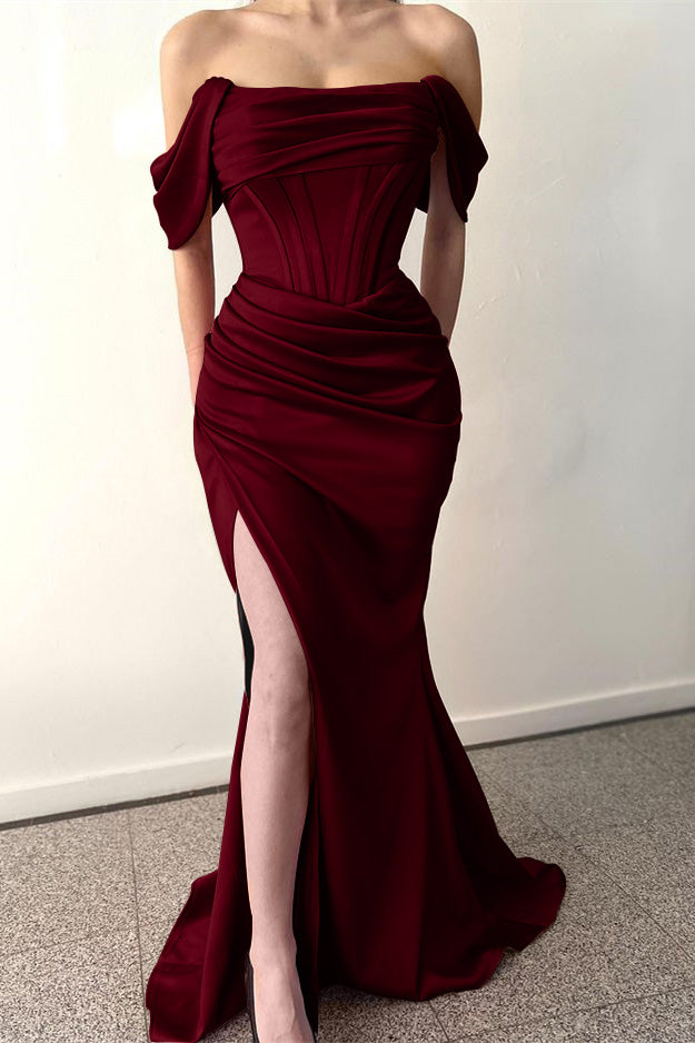 Off-The-Shoulder Dusty Rose Pleated Prom Dress Mermaid Split