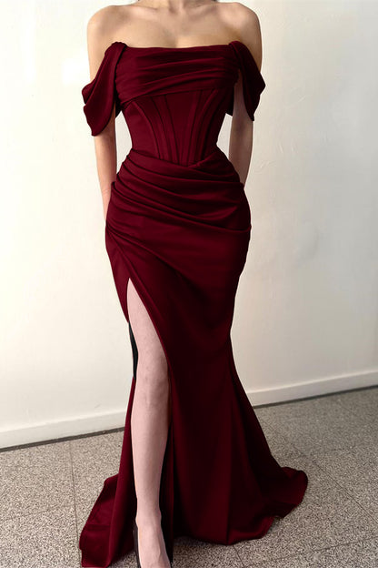 Off-The-Shoulder Dusty Rose Pleated Prom Dress Mermaid Split