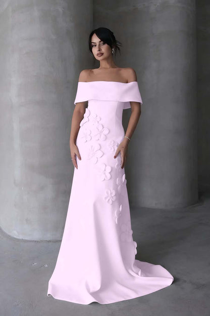 Sleeveless Off-Shoulders Prom Dress With Handmade Flower