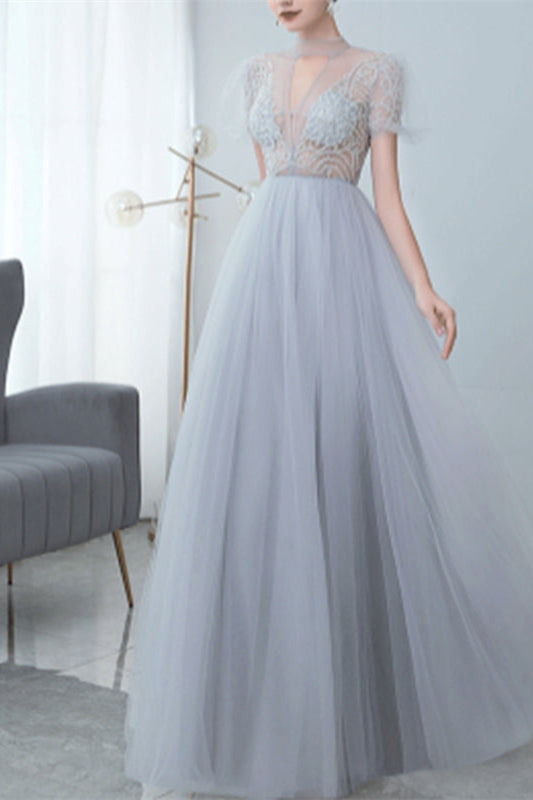 Grey Long Evening Dress Bowknot Tulle With High Collar Appliques