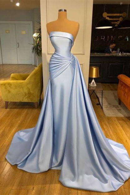 Strapless Baby Blue Elegant Mermaid Evening Dress Long With Ruffle