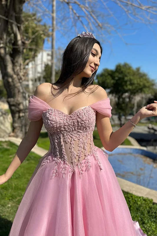 Pink Off-Shoulders Sweetheart Appliques A-Line Prom Dress