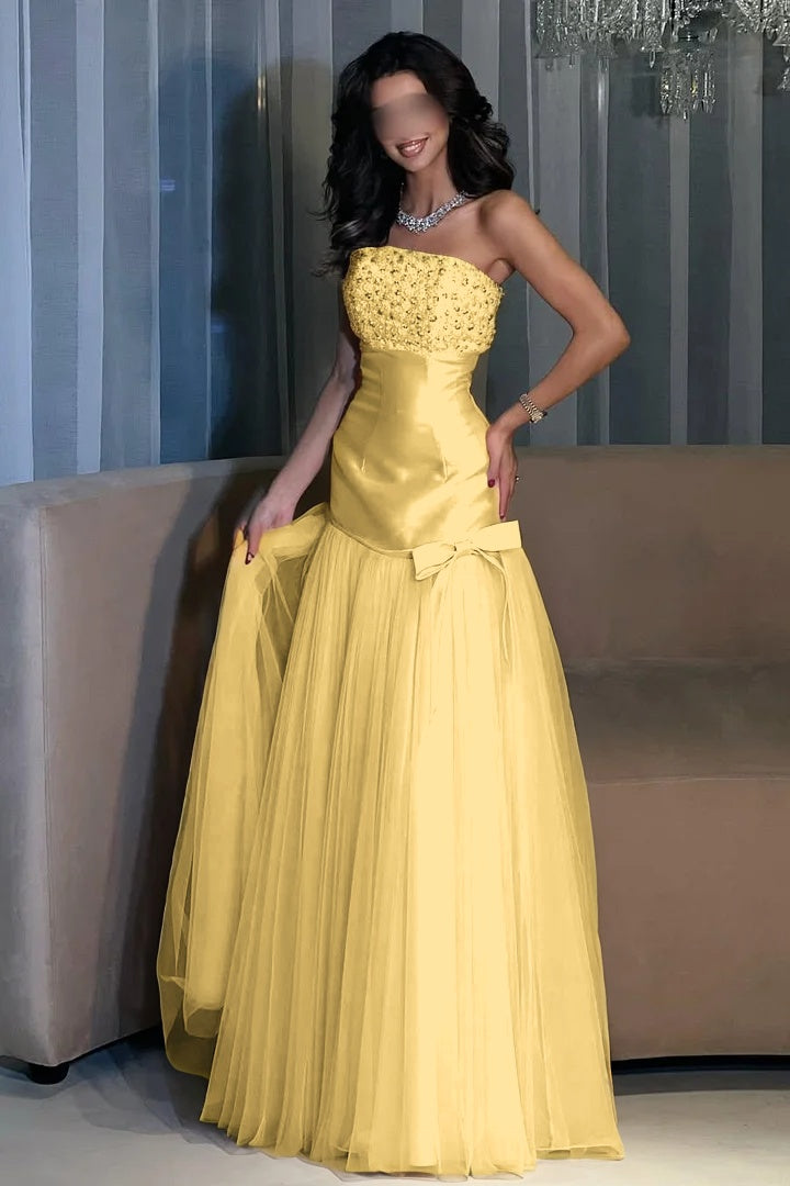 Charming Candy Pink Satin Tulle Sleeveless Strapless Long Evening Dress with Beadings