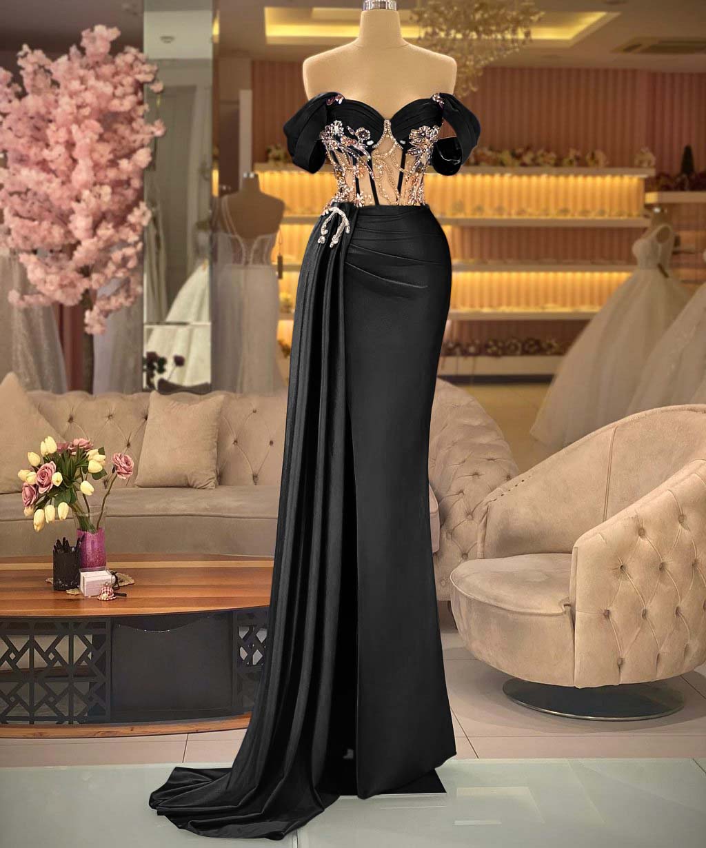 Elegant Off-the-shoulder Royal Blue Beaded Sleeveless Prom Dress with Split