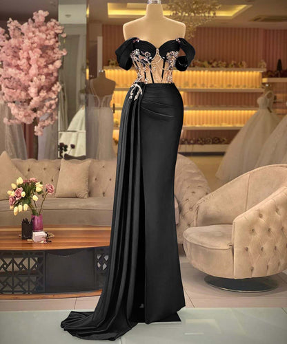Elegant Off-the-shoulder Royal Blue Beaded Sleeveless Prom Dress with Split