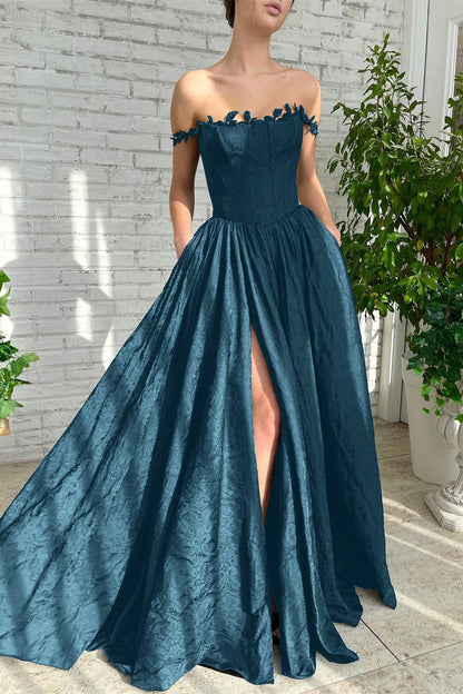 Black A Line Off-The-Shoulder Evening Dress Sleeveless Lace Side Split