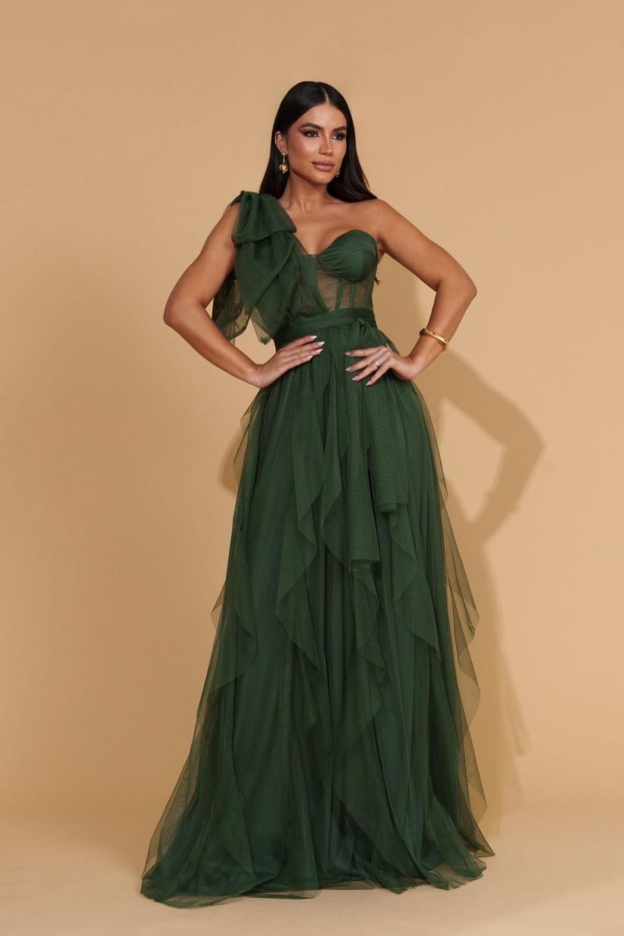 Glamorous Mint Tulle Sleeveless One Shoulder Long Prom Dress with Ruffles