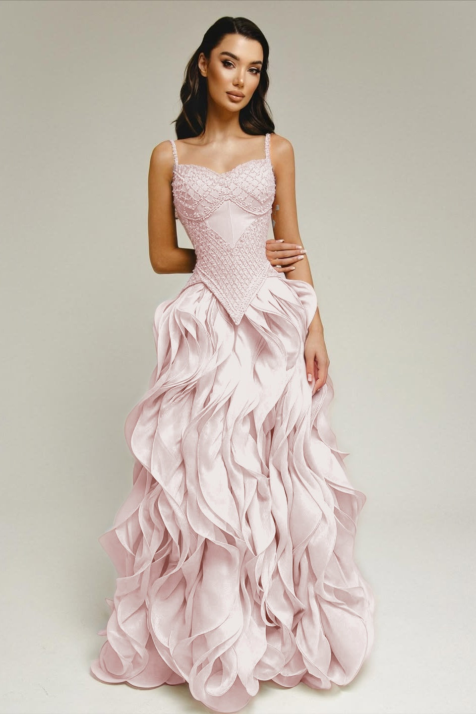 Sleeveless Exquisite Beaded Bustier Prom Dress with Cascading 3D Ruffles