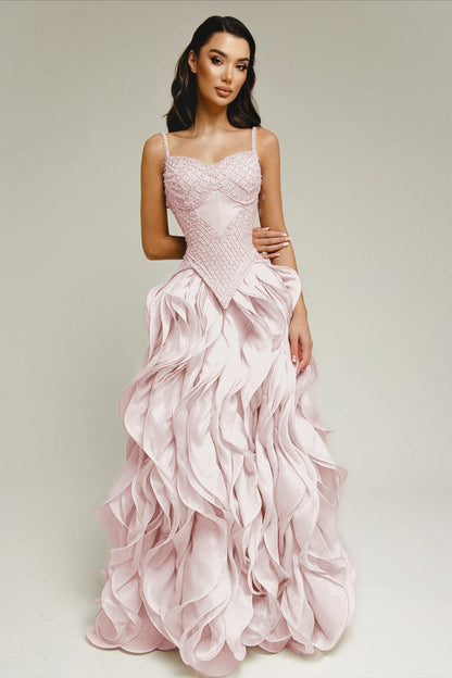 Sleeveless Exquisite Beaded Bustier Prom Dress with Cascading 3D Ruffles