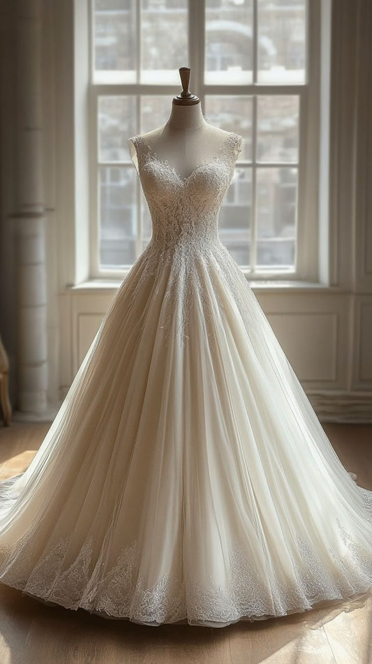 A-line V-neck lace tulle long prom dress, white wedding dress HZ1024