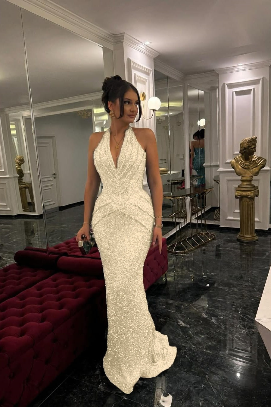 Sleeveless Halter Straps Deep V-Neck Beads Mermaid Prom Dress With Pleated