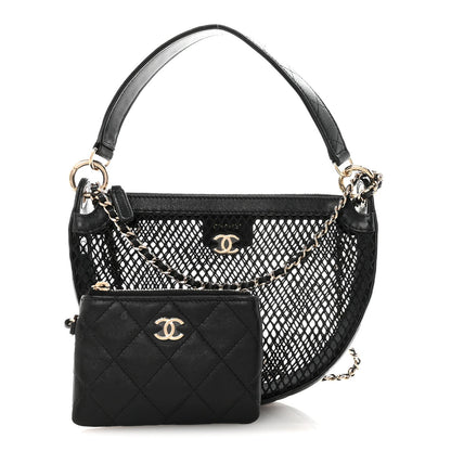 Mesh Shiny Lambskin Chain Hobo Black