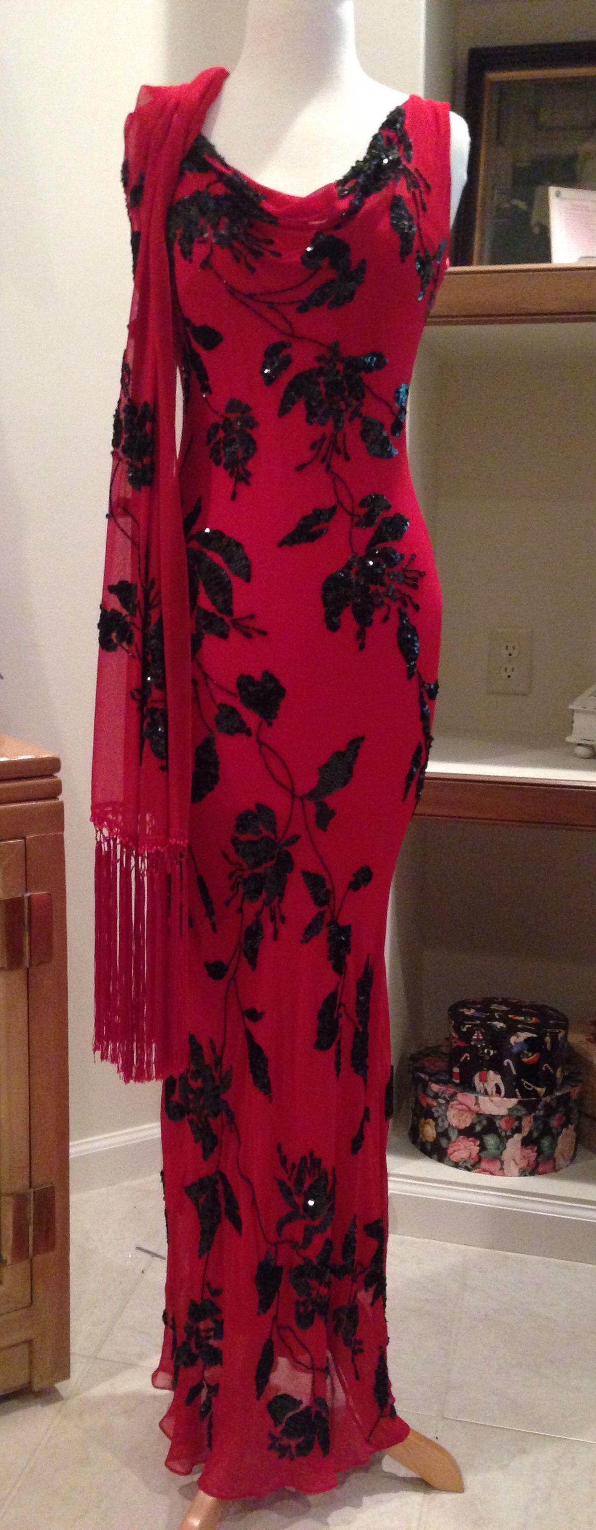 Pretty Red ChiffonSequin Beaded  Mermaid Long Party Dress Evening Gown With Ribbon D1678