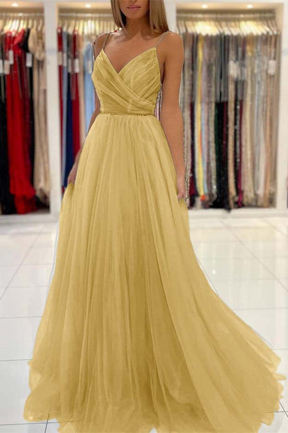 Long Light Sky Blue Spaghetti-Straps Tulle Prom Dress With Beads