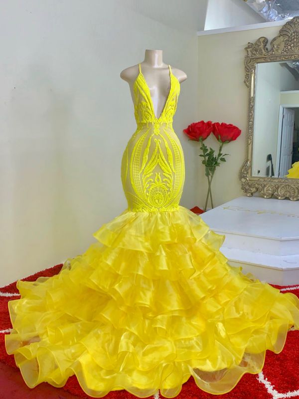 Mermid Yellow Spaghetti-Straps Prom Dress Lace With Ruffles