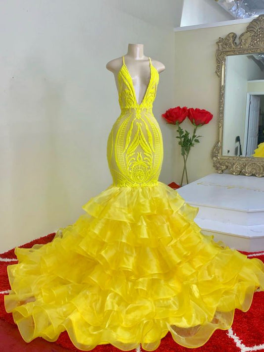 Mermid Yellow Spaghetti-Straps Prom Dress Lace With Ruffles