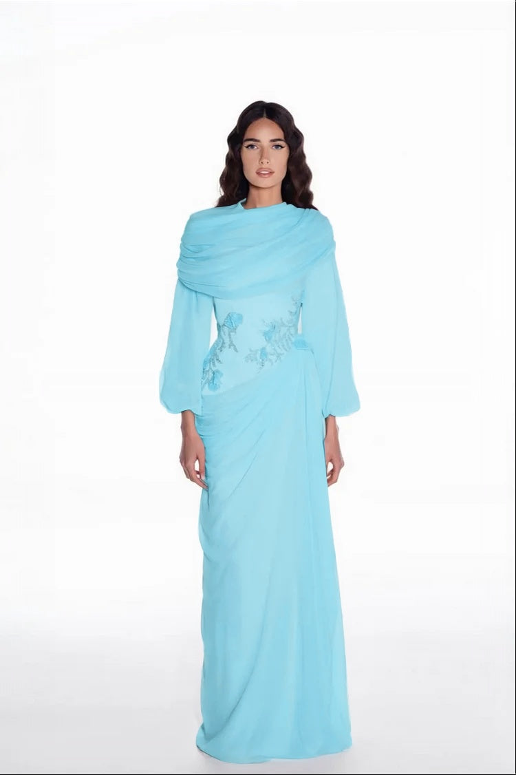 Elegant Long Sleeves Hing Neck Mermaid Evening Dress With Appliques