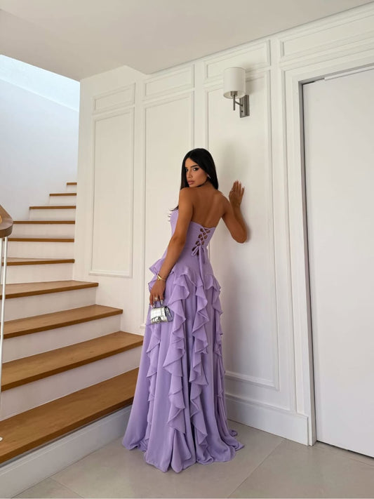 Stunning Lilac Sleeveless Square Ruffles Evening Dress