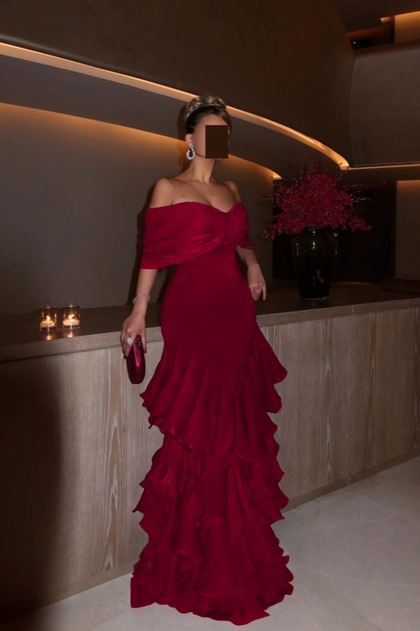 Glamorous Orchid Off the Shoulder Ruffles Evening Dress with Pleated