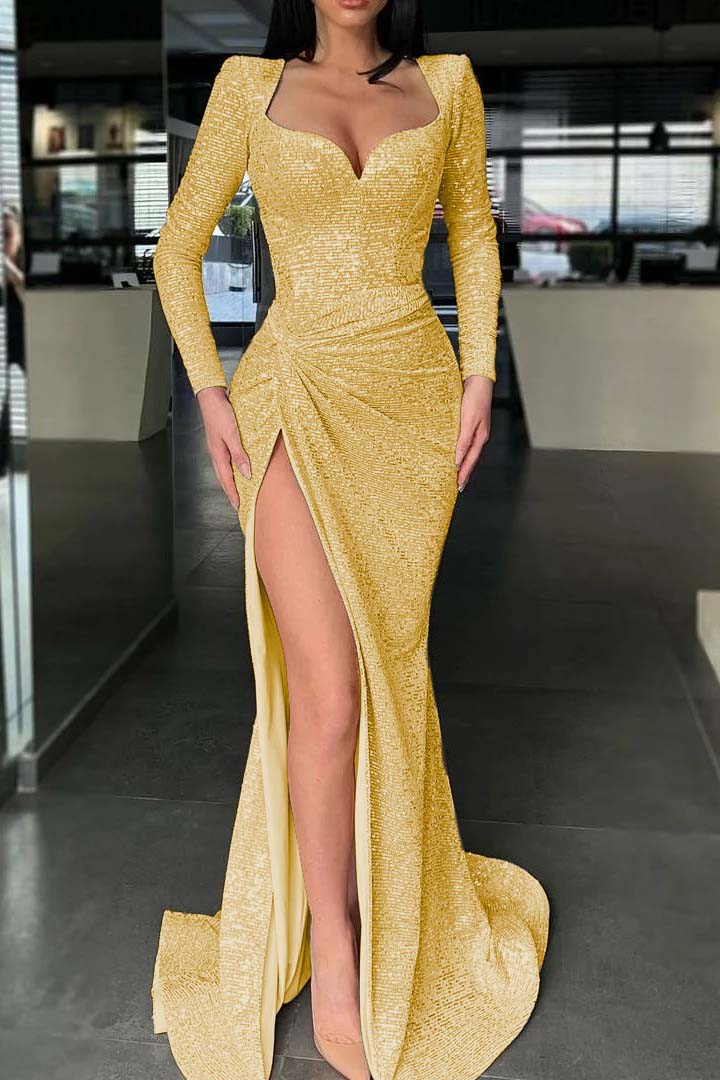 Long Sleeves Slit Evening Dress Mermaid With Sequins