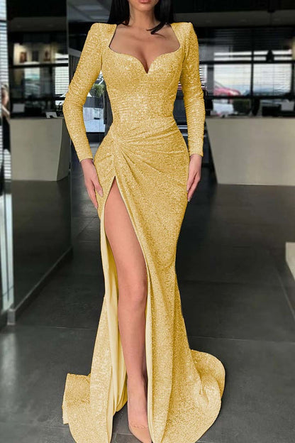 Long Sleeves Slit Evening Dress Mermaid With Sequins