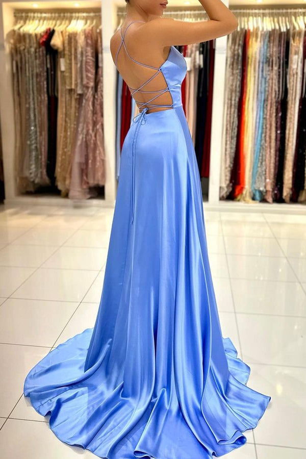 Simple Blue A Line Prom Dress Spaghetti-Strap