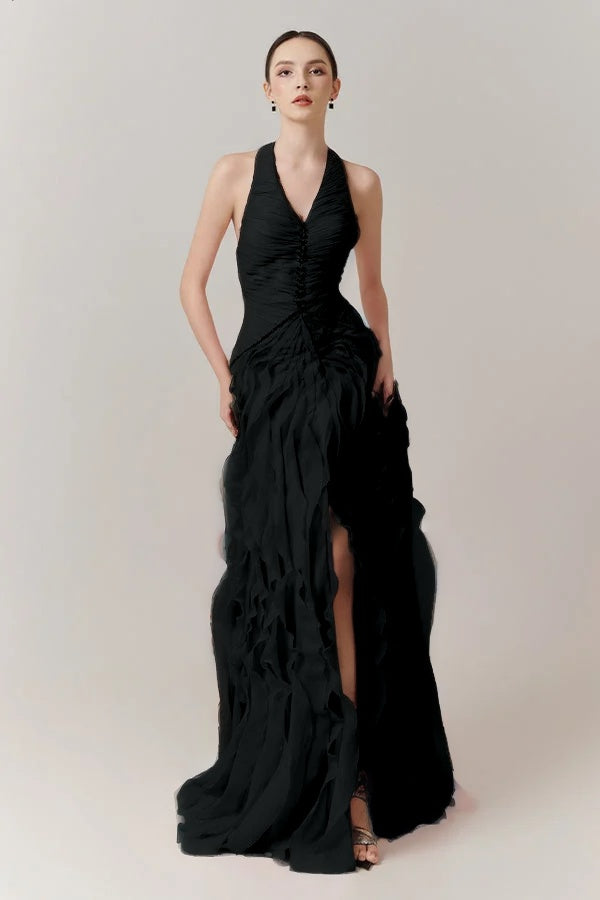 Blushing Pink Halter Strap Pleated V-Neck Split Evening Dress With Beads
