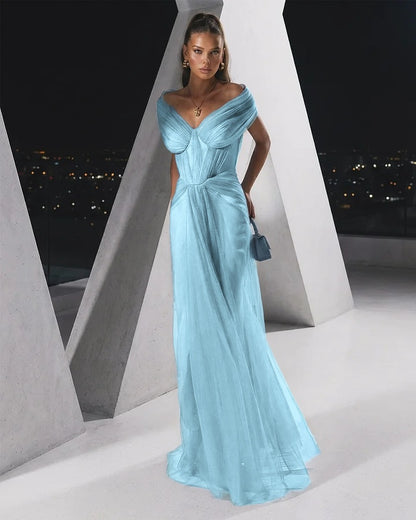 Flowing Dusty Blue Off-The-Shoulder Pleated Long Tulle Evening Dress