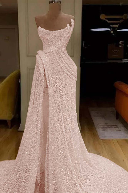 Mermaid Strapless Long Prom Dress Slit With Sequins