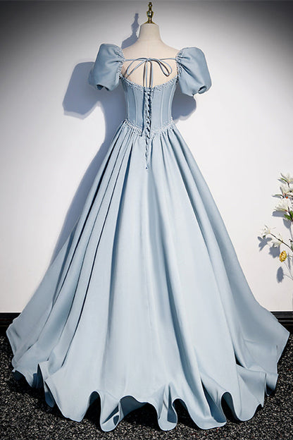 Puff Sleeves Sweetheart Satin A-Line Long Formal Prom Dress