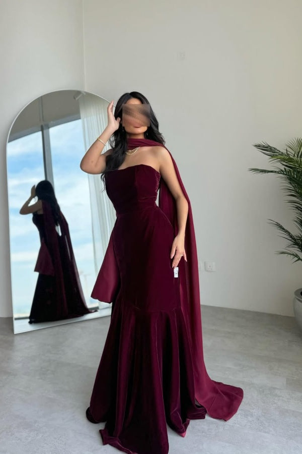 Burgundy Strapless Velvet Long Prom Dress Sleeveless