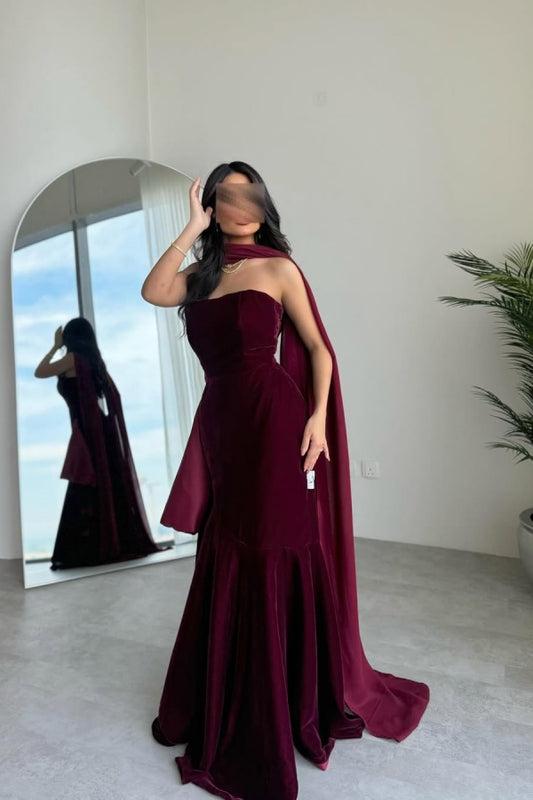 Burgundy Strapless Velvet Long Prom Dress Sleeveless